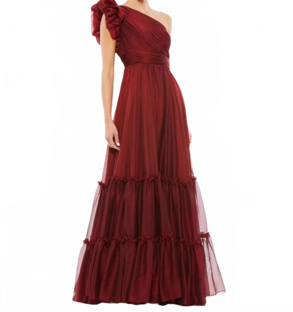 NEW MAC DUGGAL organza one shoulder gown in wine